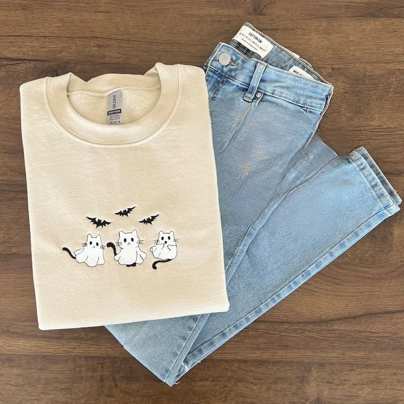Embroidered Ghost Cats Sweatshirt